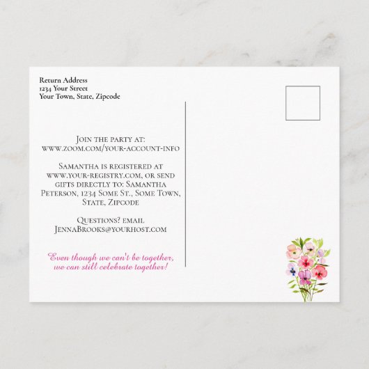 Spring Waterverf Pansies Virtual Vrijgezellenfeest Uitnodiging Briefkaart (Achterkant)