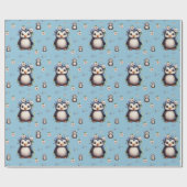 Spring Waterverf Pinguïns met Bloemen in Blauw Cadeaupapier (Vlak)