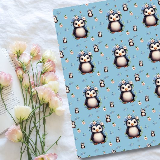 Spring Waterverf Pinguïns met Bloemen in Blauw Fleece Deken