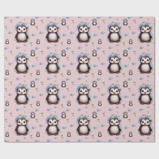 Spring Waterverf Pinguïns met Bloemen in Roze Cadeaupapier (Vlak)