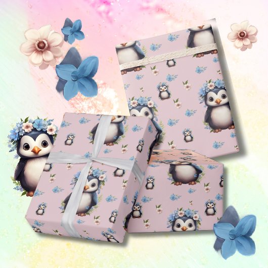 Spring Waterverf Pinguïns met Bloemen in Roze Cadeaupapier