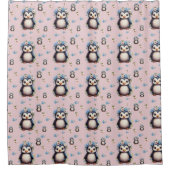 Spring Waterverf Pinguïns met Bloemen in Roze Douchegordijn (Voorkant)