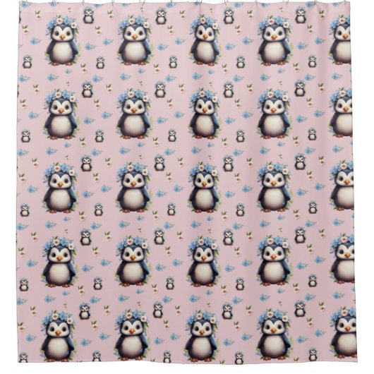 Spring Waterverf Pinguïns met Bloemen in Roze Douchegordijn (Voorkant)
