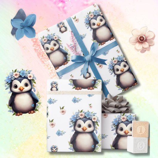 Spring Waterverf Pinguïns met Bloemen in Wit Cadeaupapier