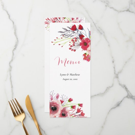 Spring Waterverf Poppy Red Flowers Wedding Menu (Voorkant / Achterkant in situ)