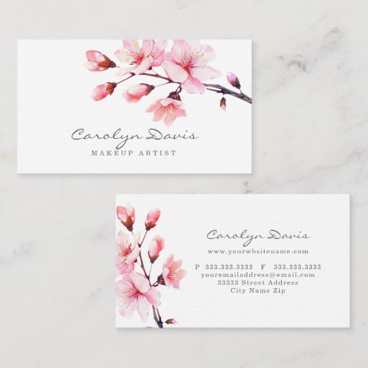 Spring Waterverf Roze Kersenbloesem Bloemen Visitekaartje (Voorkant / Achterkant)