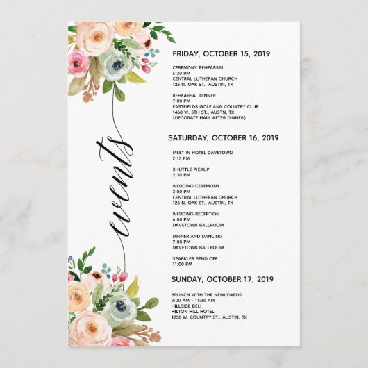 Spring Wedding Elegant Calligraphy Itinerary card Programmakaart (Achterkant)