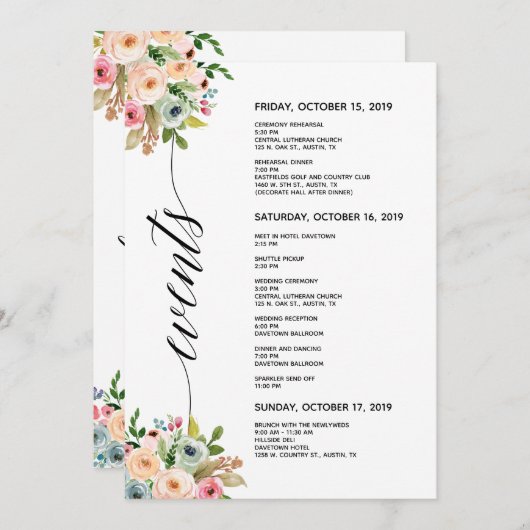 Spring Wedding Elegant Calligraphy Itinerary Card Programmakaart (Voorkant / Achterkant)