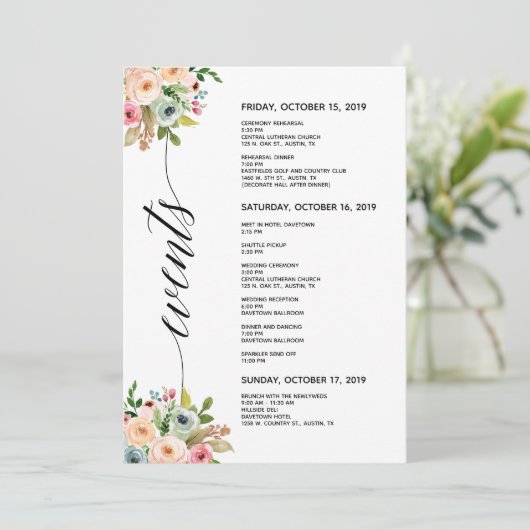 Spring Wedding Elegant Calligraphy Itinerary Card Programmakaart (Staand voorkant)