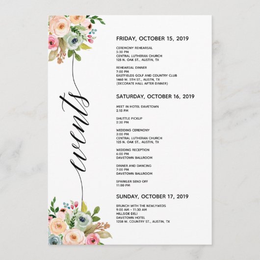 Spring Wedding Elegant Calligraphy Itinerary Card Programmakaart (Voorkant)