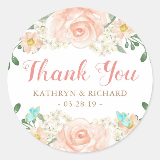 Spring Wedding Favor Blush Peach Flowers Bedankt Ronde Sticker (Voorkant)
