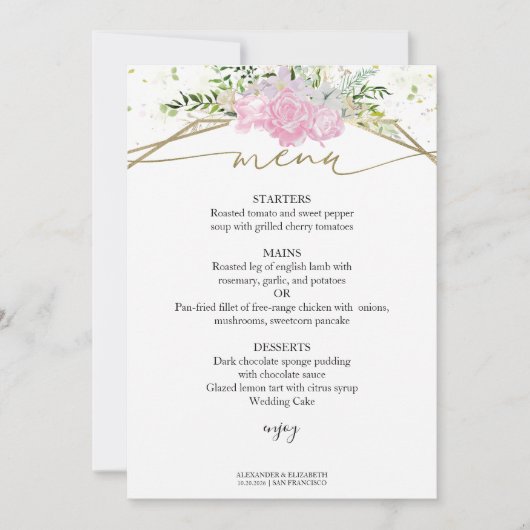 Spring Wedding Menu Kaart Pastel Kleur Wildflower (Voorkant)