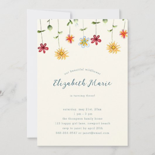 Spring Whimsical Wildbloemen Geel Girl Birthday Kaart (Voorkant)