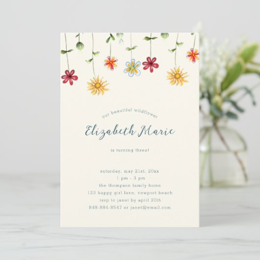 Spring Whimsical Wildbloemen Geel Girl Birthday Kaart (Staand voorkant)