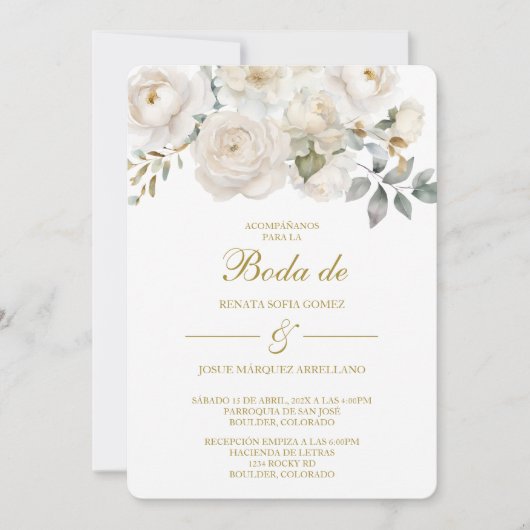 Spring white flower Wedding Invitation in Spanish Kaart (Voorkant)
