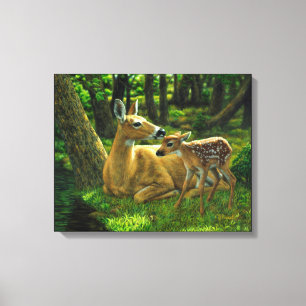 Spring Whitetail Fawn en moeder Deer Canvas Afdruk