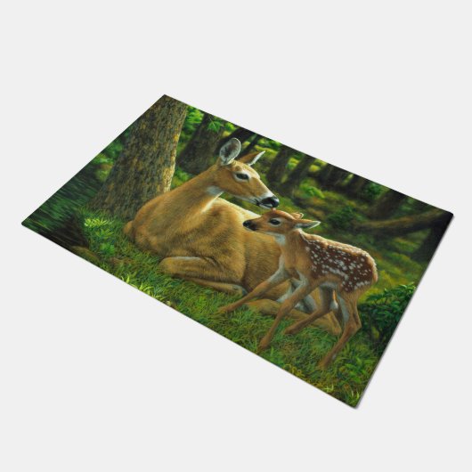 Spring Whitetail Fawn en moeder Deer Deurmat (Schuin)