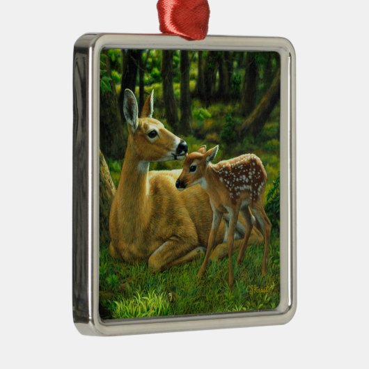 Spring Whitetail Fawn en moeder Deer Metalen Ornament (Rechts)