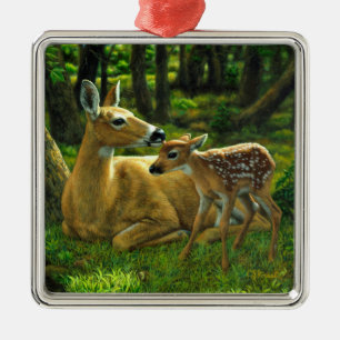 Spring Whitetail Fawn en moeder Deer Metalen Ornament