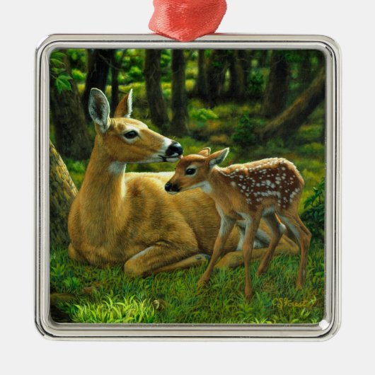 Spring Whitetail Fawn en moeder Deer Metalen Ornament (Voorkant)