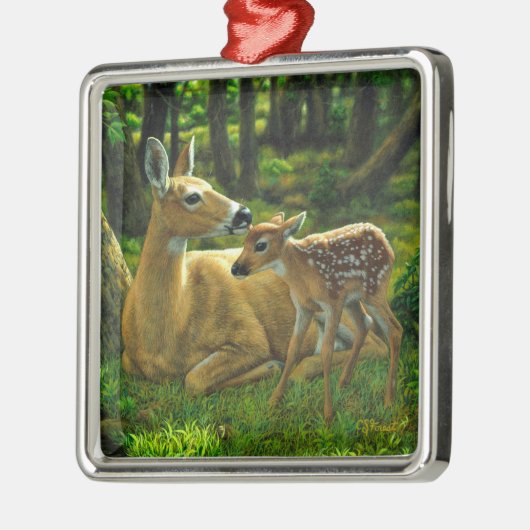 Spring Whitetail Fawn en moeder Deer Metalen Ornament (Links)