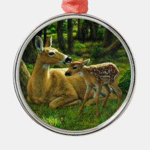 Spring Whitetail Fawn en moeder Deer Metalen Ornament