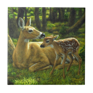Spring Whitetail Fawn en moeder Deer Tegeltje