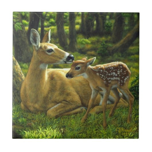 Spring Whitetail Fawn en moeder Deer Tegeltje (Voorkant)