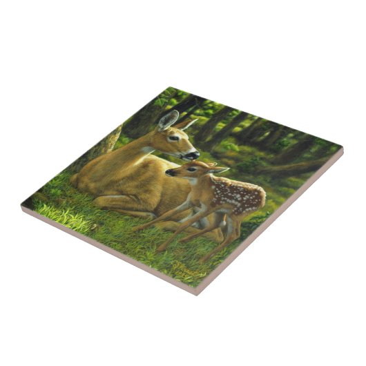 Spring Whitetail Fawn en moeder Deer Tegeltje (Zijkant)