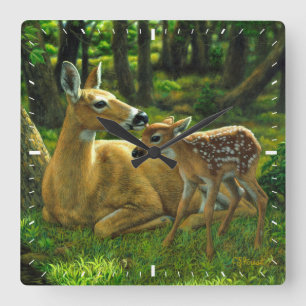 Spring Whitetail Fawn en moeder Deer Vierkante Klok
