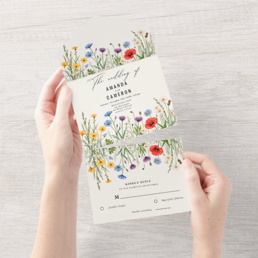 Spring Wild Flower Meadow Wedding All In One Uitnodiging (Afscheurbaar)
