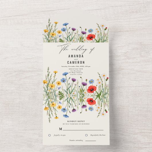 Spring Wild Flower Meadow Wedding All In One Uitnodiging (Binnen)