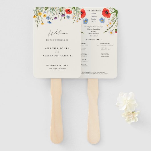 Spring Wild Flower Meadow Wedding Programma Handwaaier (Voorkant en achterkant)