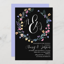 Spring Wild Flower Wreath Paars Black Wedding Kaart