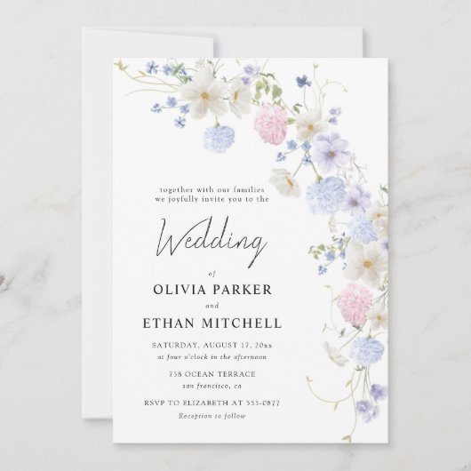 Spring Wildbloemen Paarse roze bruiloft Kaart (Voorkant)