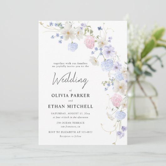 Spring Wildbloemen Paarse roze bruiloft Kaart (Staand voorkant)
