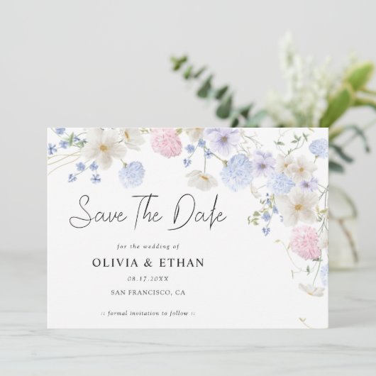 Spring Wildbloemen Paarse roze bruiloft Save The Date (Staand voorkant)