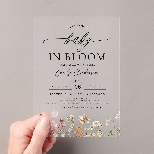 Spring Wildflower Baby in Bloom Baby shower Acryl Uitnodigingen (Insitu (Draagbaar))