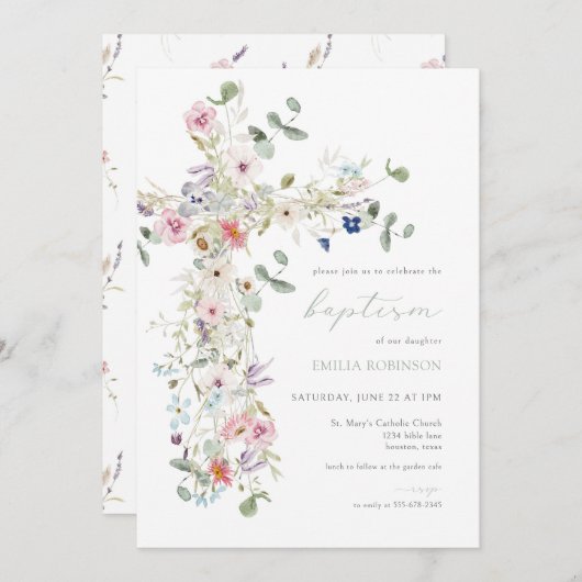 Spring Wildflower Baptisme Uitnodiging voor Meisje (Voorkant / Achterkant)