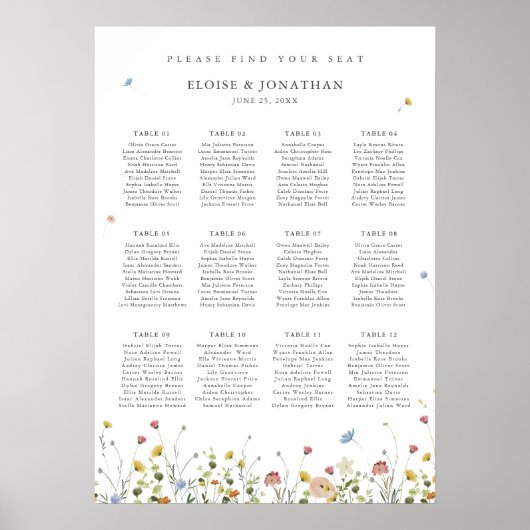 Spring Wildflower Garden Wedding Zitplaatskaart Poster (Voorkant)