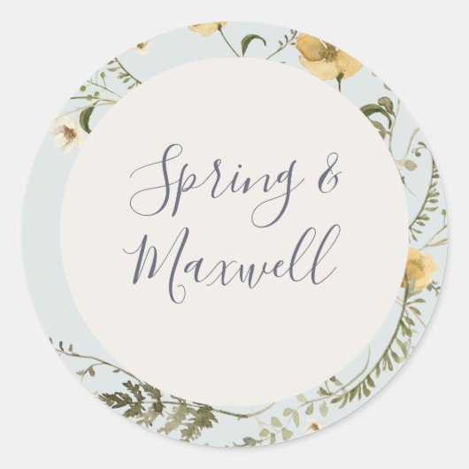 Spring Wildflower | Lichte blauwe bruiloft Ronde Sticker (Voorkant)