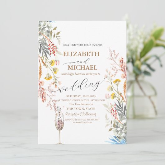 Spring Wildflower Meadow Champagne Glas Bruiloft Kaart (Staand voorkant)