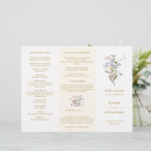 Spring Wildflower Meadow Gold Wedding Programma (Staand voorkant)