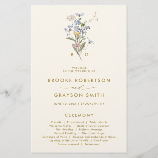 Spring Wildflower Meadow Gold Wedding Programma (Voorkant)