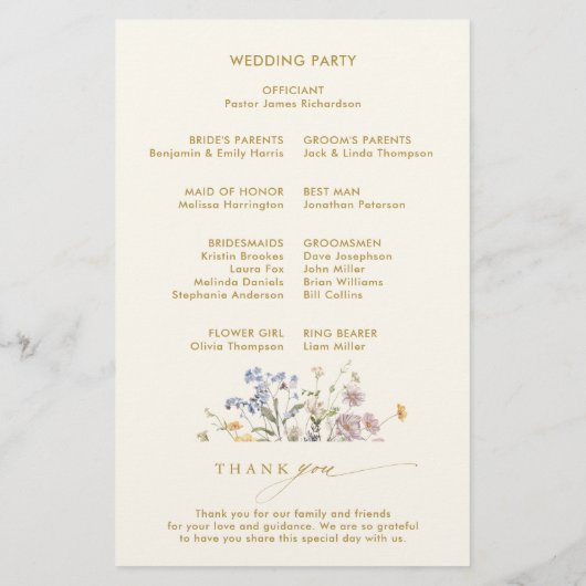 Spring Wildflower Meadow Gold Wedding Programma (Achterkant)