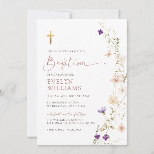 Spring Wildflower Meisje Doop en Doop Kaart (Voorkant)