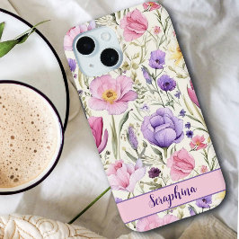 Spring Wildflower Pastel Roze Paarse aangepaste na iPhone 15 Case