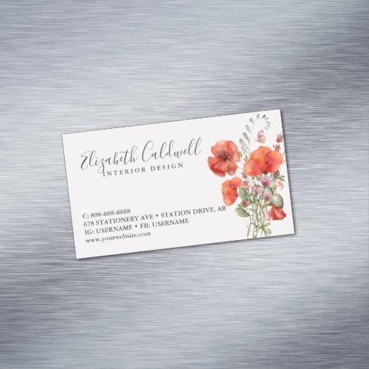 Spring Wildflower Poppy Floral gepersonaliseerd Magnetisch Visitekaartje (Voorbeeld)