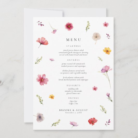 Spring Wildflower Wedding Menu Kaart (Voorkant)