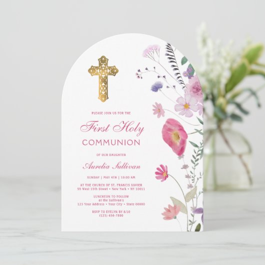 Spring Wildflowers Arch Eerste Communie Kaart (Staand voorkant)